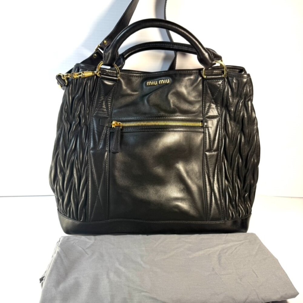 Miu Miu Black Leather Vitello Lux Medium Plisse Tote Bag